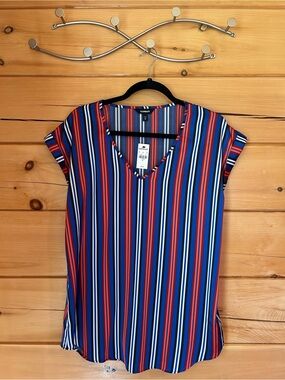 Express Women’s Red, Blue & White Striped V-Neck Blouse
